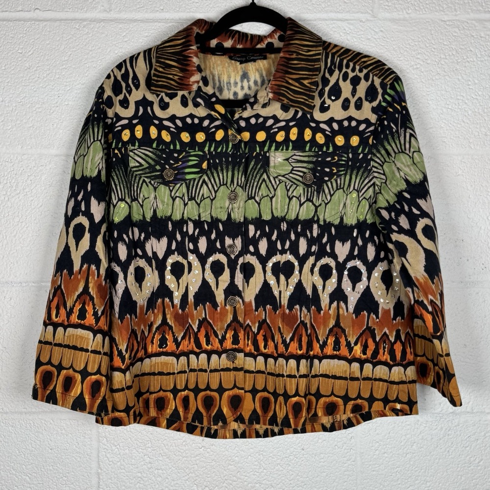 Gaudy Couture 90s Tribal Print Cotton Shirt Jacket Boho Artsy Sequin L India